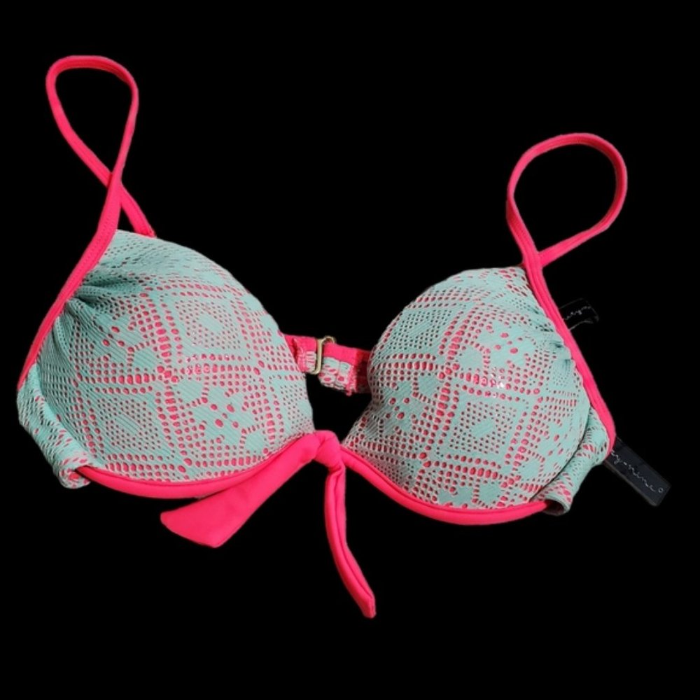 NWT RARE NINETY-NINE DEGREES CROCHET LACE BIKINI SET SZ L TEAL & NEON PINK - Picture 3 of 11